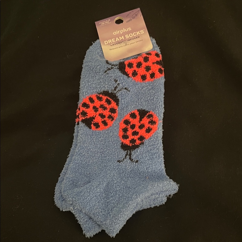 Fuzzy Dream Socks - Blue with Red Ladybug Design